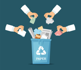 Paper trash bin with hands holding trash. Cartoon style vector illustration