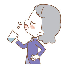 Illustration of the profile of a senior woman who gargles.
