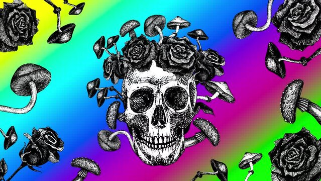 Looped background, skull in flowers and mushrooms. Video for Santa Muerte or Halloween