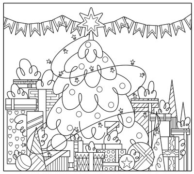 Christmas coloring book. spruce. snow, gifts. Christmas tree with gifts. coloring. New Year.