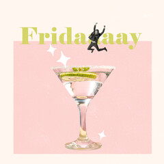 Contemporary artwork. Creative design in retro style. Cheerful man, businessman jumping into cocktail. Relaxation