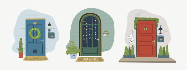 Set ith X-Mas decorated home front doors. Christmas tree by the house door with Wreath and Deco for party. Postcard, invitation or poser for new year and Merry Christmas.