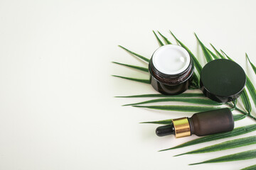 Organic natural beauty care with green topical leaves. Beauty product in flatlay style.