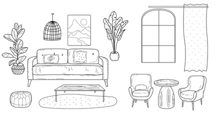 Sketches of furniture for the living room with wicker chairs, hand-drawn in the Art Nouveau and vintage style, boho monochrome with window. Vector illustration