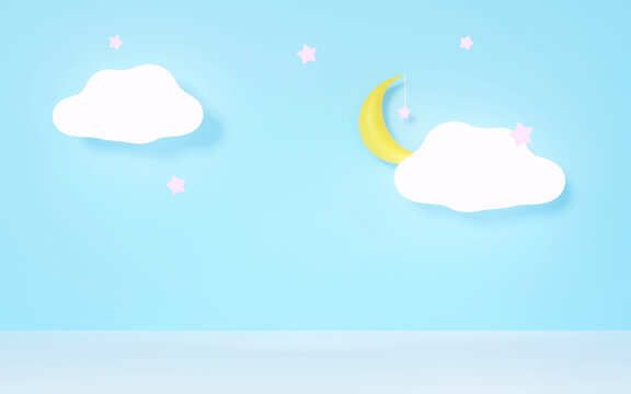 3D rendering clouds, moon and glowing stars on pastel blue sky background, cartoon style for kid, children product presentation.