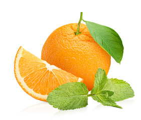 one whole orange and one slice with mint leaves on a white isolated background © Ирина Гутыряк
