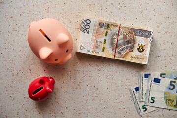 świnka skarbonka , 5 euro ,banknoty 200 złotowe  © Marcin Łazarczyk