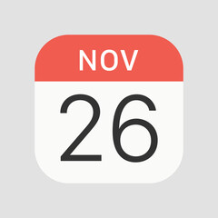 November 26 icon isolated on background. Calendar symbol modern, simple, vector, icon for website design, mobile app, ui. Vector Illustration