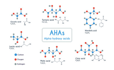 Lactic, Glycolic, Citric, Tartaric, Mandelic, Malic acids. AHA Alphahydroxy acids. Structural chemical formula and molecule model. Vector illustration