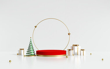 3D rendering realistic red gold product display stand, golden ring of stars, white gift boxes, spiral Christmas tree, gold balls on white background. Luxury Christmas sale presentation scene.