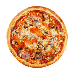 Delicious classic italian pizza with Mozzarella, ham, chicken and mashrooms.