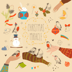 Fototapeta premium Lovely Christmas Set with Little Bullfinches and Holiday Elements