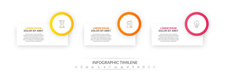 Modern vector infographics design template. Concept with three steps, labels. Creative timeline with graph elements, percentage circles and icons. Performance analysis in percent
