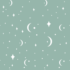 Obraz na płótnie Canvas Monochrome seamless pattern with white stars and crescent moons on blue background. Boho celestial pattern. Stock vector illustration