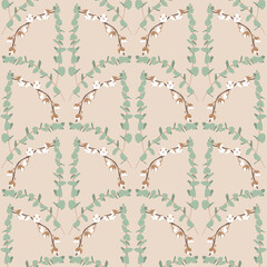 Boho seamless pattern with eucalyptus and cotton on beige background.