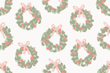 Floral wreaths in pastel-green, green and pink with a cute pink bow arranged geometrically on white background.Great for home decor, fabric, wallpaper, gift-wrap, stationery and packaging.
