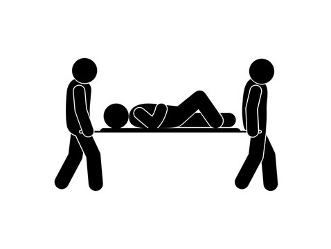 paramedics carry casualty on stretcher, stick figure man icon