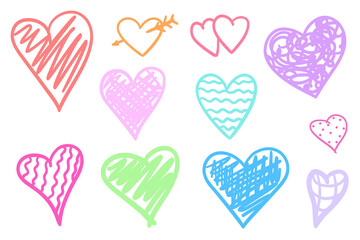 Colorful grunge hearts on isolated white background. Hand drawn set of love signs. Unique abstract image for design. Line art creation. Colored illustration. Sketchy elements for poster or flyer