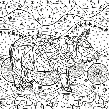 Ornate wallpaper with pig. Hand drawn waved ornaments on white. Abstract patterns on isolated background. Design for spiritual relaxation for adults. Line art. Black and white illustration
