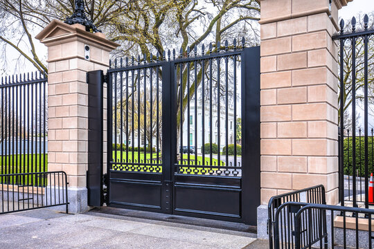 White House front gate fence view, entrance to US President office,