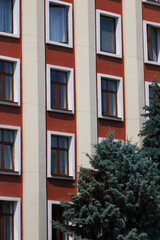 Red building with windows and christmas tree
