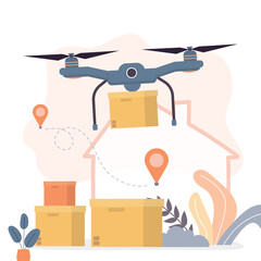 Drone delivers boxes of goods. New modern fast delivery technology. E-commerce, contactless transfer of purchases. Delivery service, shipment, cargo. Helicopter fly with parcel.