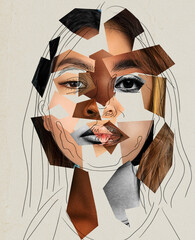 Contemporary art collage. Modern design. Female face made from different face parts of women of...