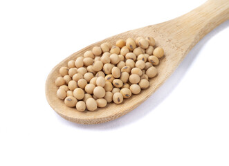 Uncooked soy beans in a spoon isolated over white background