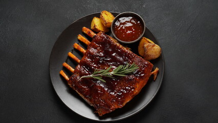 Closeup of pork ribs grilled with BBQ sauce and caramelized in honey.