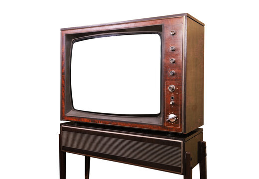 Old vintage TV with white screen isolated on white background. Side view.