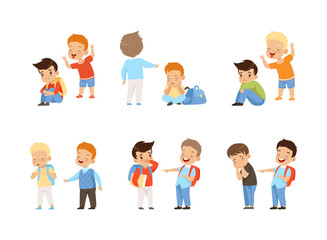 Angry Kids Bullying and Abusing the Weak Agemate Teasing and Laughing at Them Vector Set - obrazy, fototapety, plakaty