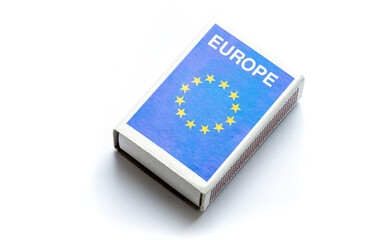 Simple pack of European Union produced matches, products made in EU, generic eu country product market label abstract concept, no people. Europe goods and supplies import and export, trade, nobody