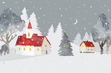 Watercolor Christmas vector illustration with church, cozy house, forest, Christmas tree under night sky with moon and snow. Cute Christmas card