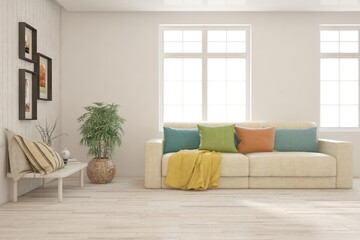 White living room with sofa. Scandinavian interior design. 3D illustration