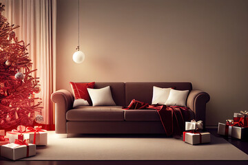 brown and red sofa with christmas decoration generated by AI, artificial intelligence