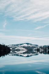 Mirrored image in lake of snow covered hills with trees