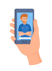 A visit to a doctor via video link. Vector illustration of online appointment. Doctor's appointment. Online queue. Hand with phone on white background. 