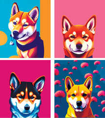 Set of illustrations of dogs. Collage of shiba inu dogs. Akita inu