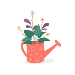 Cute garden watering can with flowers. Red
