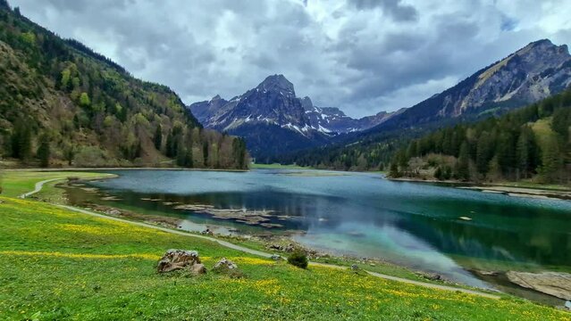 amazing Swiss Alps scenery. picturesque mountain lake Obersee. Switzerland nature scenery