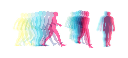 Transparent overlapping colors silhouettes. Walking man. Animation frames. Vector illustration for print, web site, poster, placard or wallpaper.