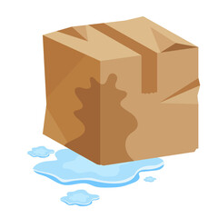 Damaged wet crate boxes 3d, broken cardboard box wet, flat style cardboard parcel boxes, packaging cargo. PNG