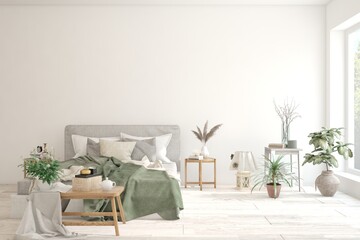 White bedroom interior. Scandinavian design. 3D illustration