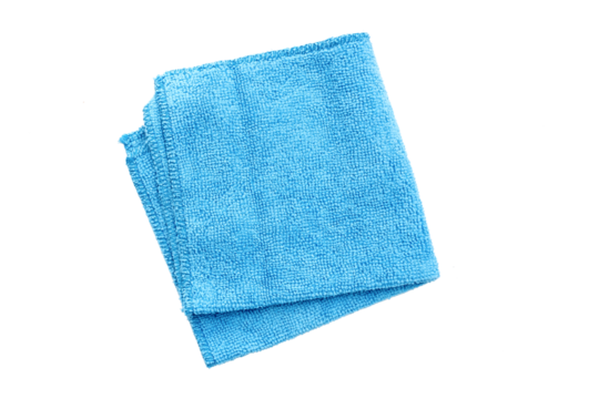 Folded blue rag for housework with soft texture on transparent surface, PNG
