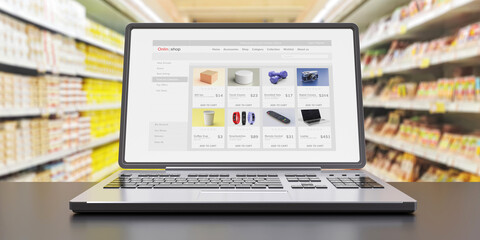 E shop, online shopping. Online shop website on a computer laptop screen.