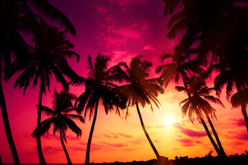 Colorful pink sunset on tropical ocean beach with coconut palm trees silhouettes and shining sun - 542712185