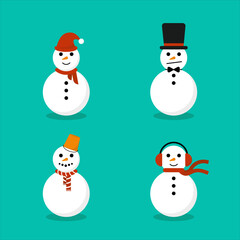 A collection of snowman with hat ,  winter cute christmas snowmen , flat vector illustration. 