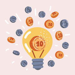 Vector illustraiton of money inside bulb, finance management. Coin arround