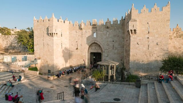 Time lapse of Damascus Gate, Jerusalem, at sunset, Israel, Middle East