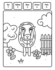A Cute Sheep Color By Number Coloring Activity Worksheet for Chlidren Ages 4-7
